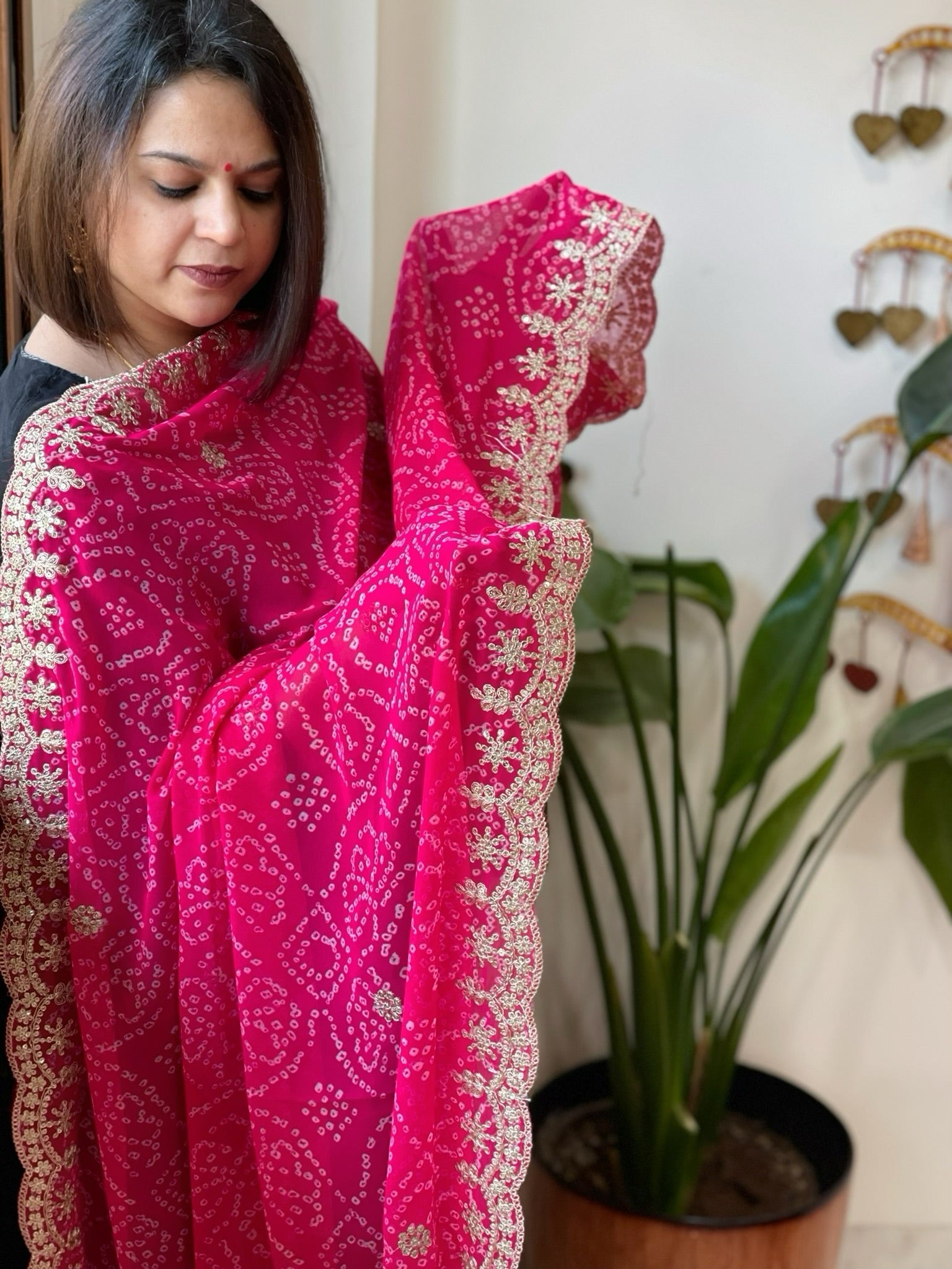 Pink Printed Viscose Georgette Bandhej Dupatta with Gold Thread & Sequin Embroidered Border - Masakalee