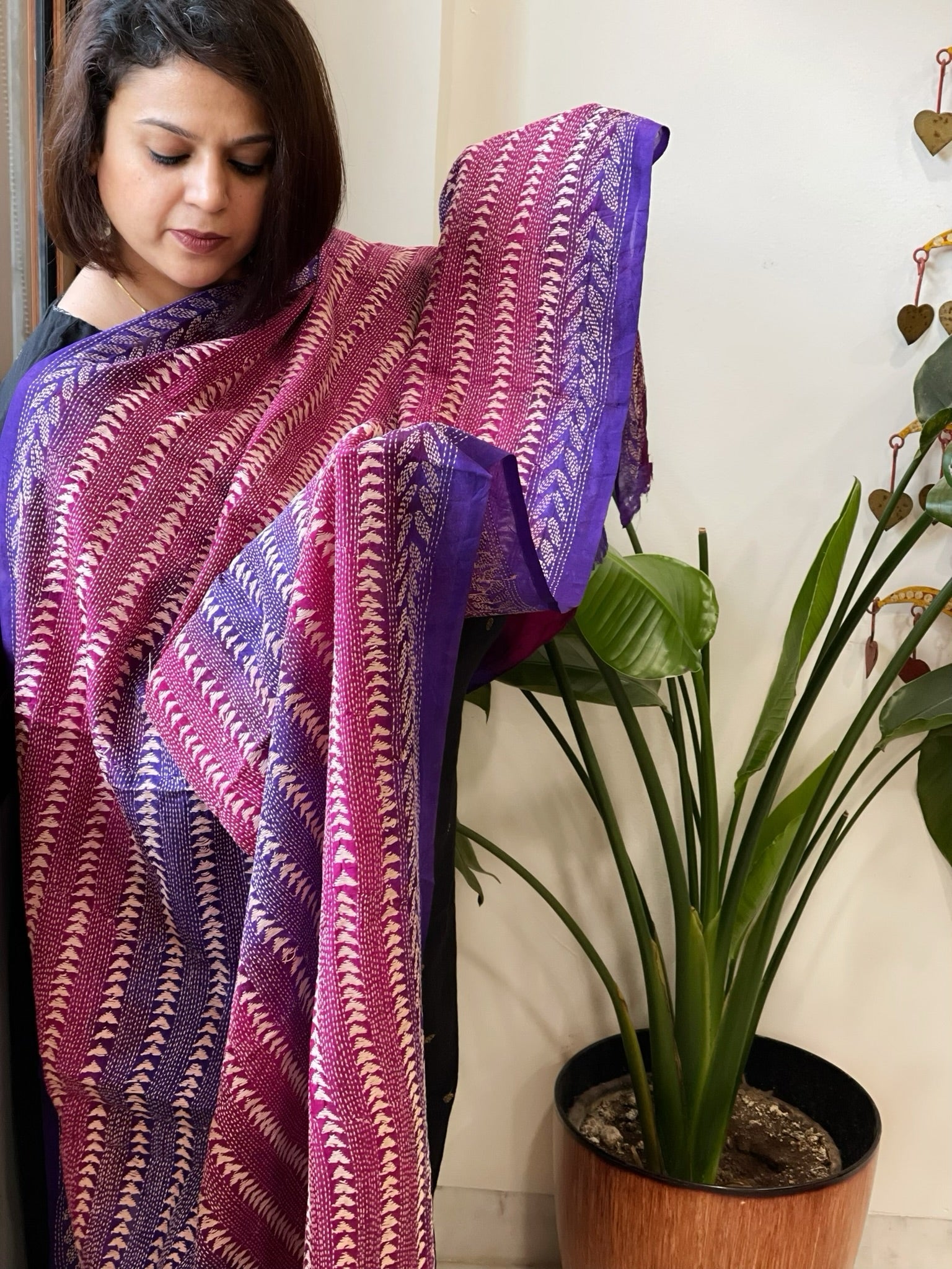 Pink, Purple Handmade Kantha Dupatta in Silk - Masakalee