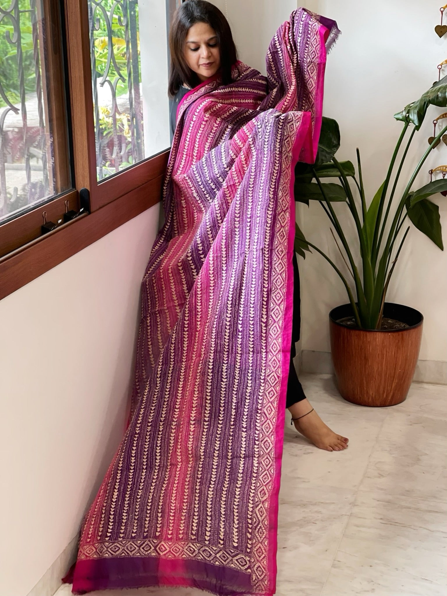 Pink, Purple Handmade Kantha Dupatta in Silk - Masakalee