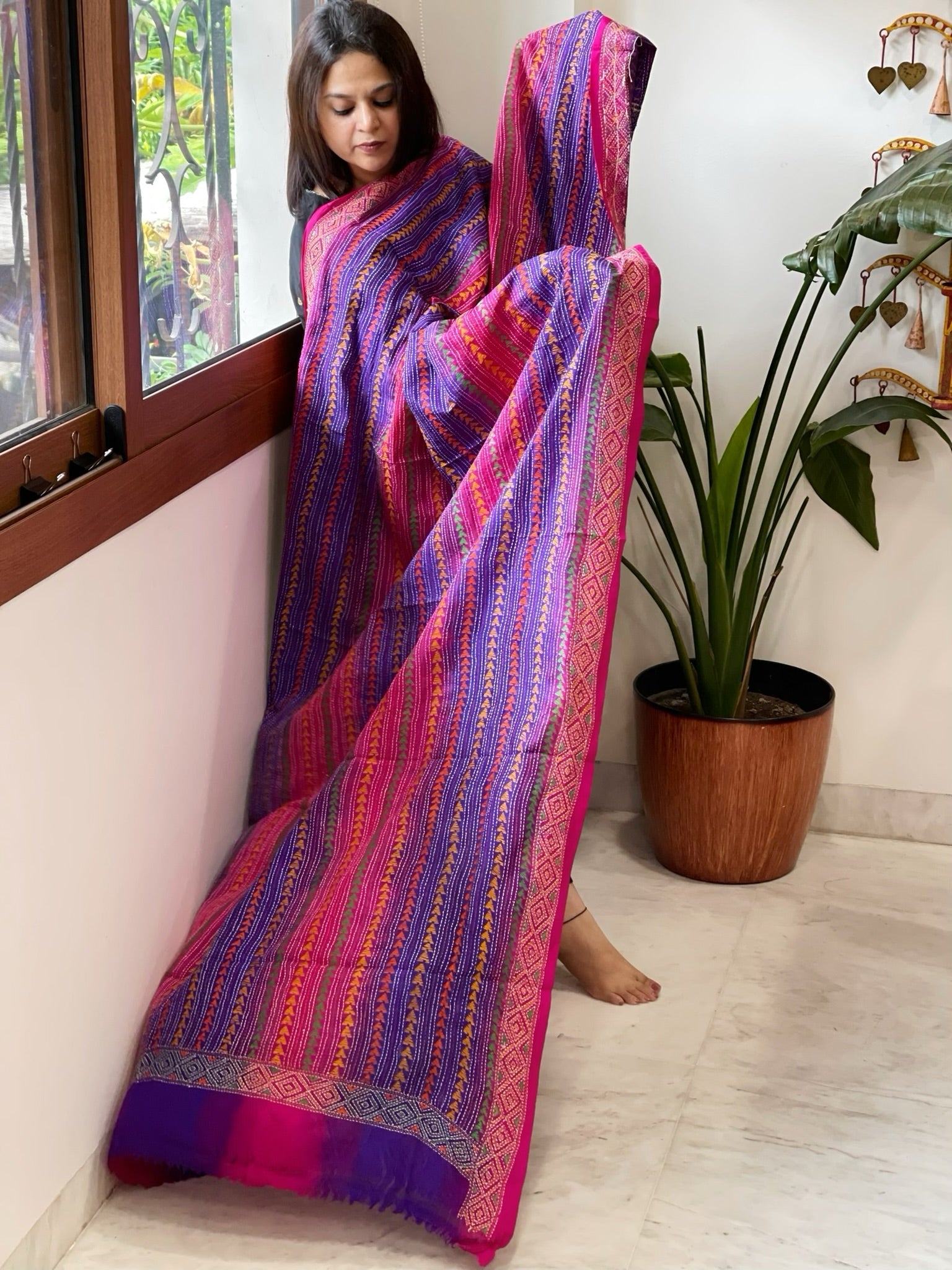 Pink, Purple Handmade Kantha Dupatta in Silk - Masakalee