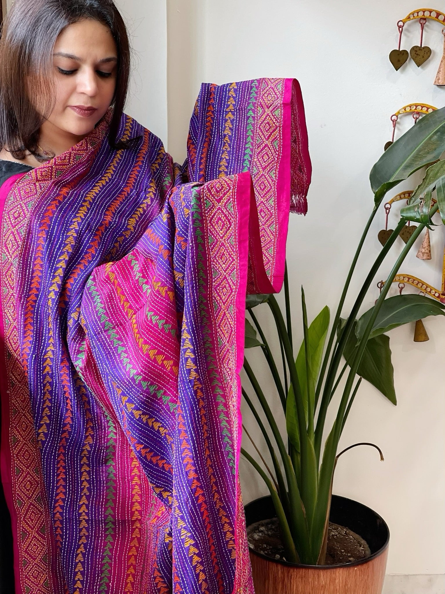 Pink, Purple Handmade Kantha Dupatta in Silk - Masakalee