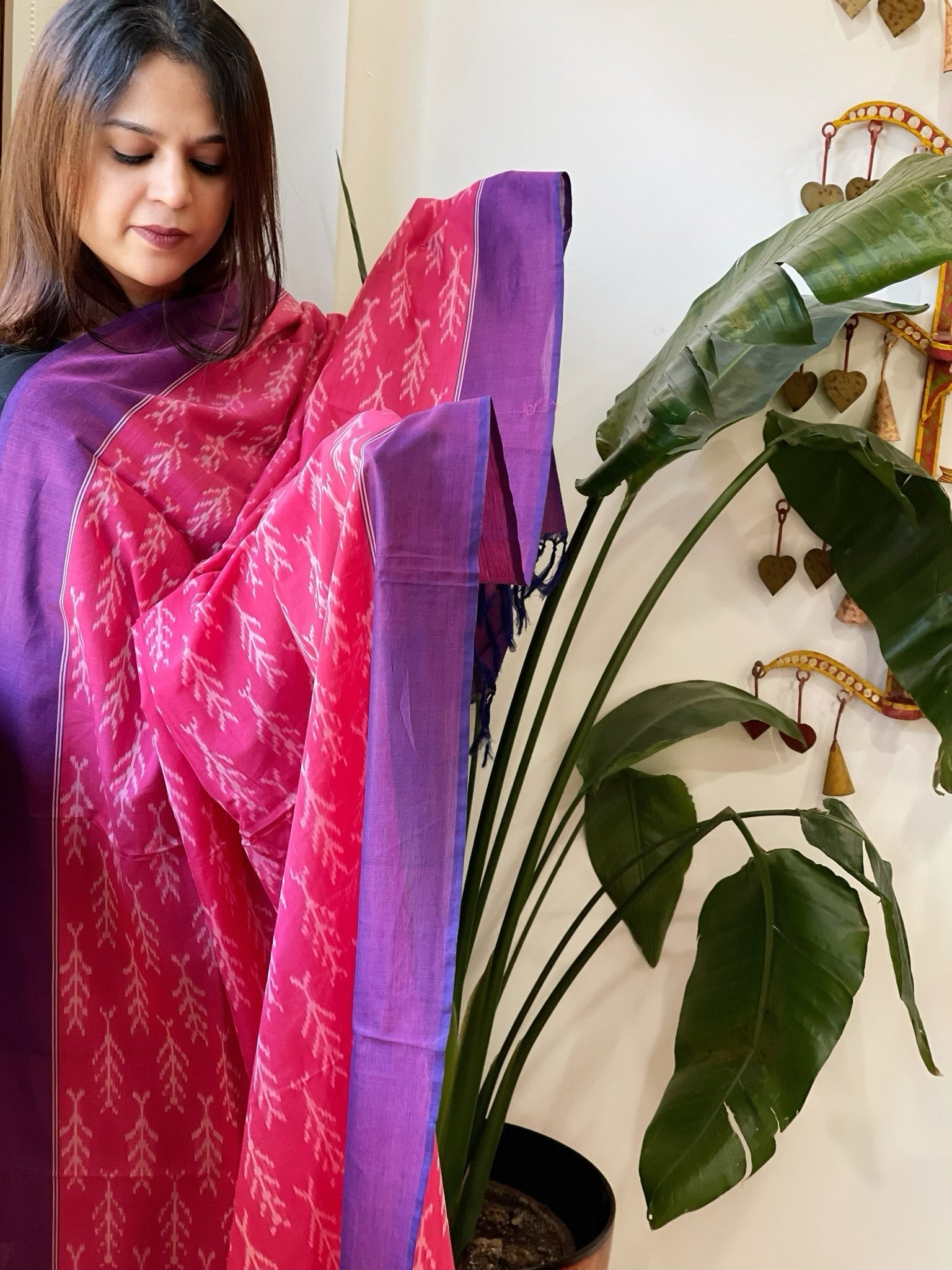 Pink, Purple Handwoven Ikat Dupatta in Cotton - Masakalee