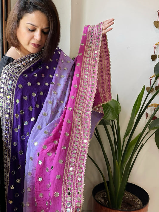 Pink, Purple, Lavender Crepe Dupatta with Mirror and Cut Daana Work with Gota Lace Border - Masakalee