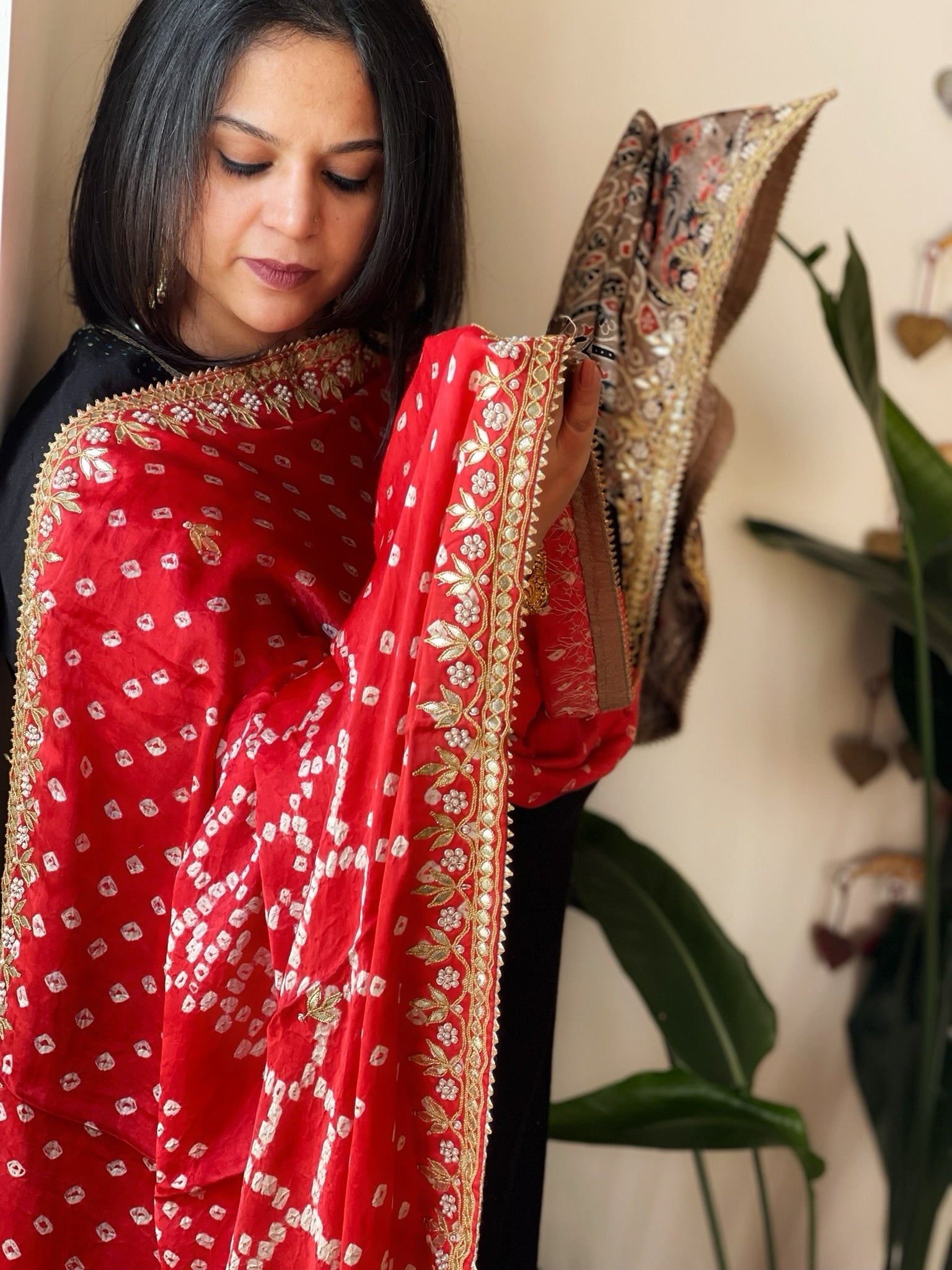 Pink Rai Bandhani, Ajrakh Dupatta with Gotapatti Handwork in Modal Silk - Masakalee