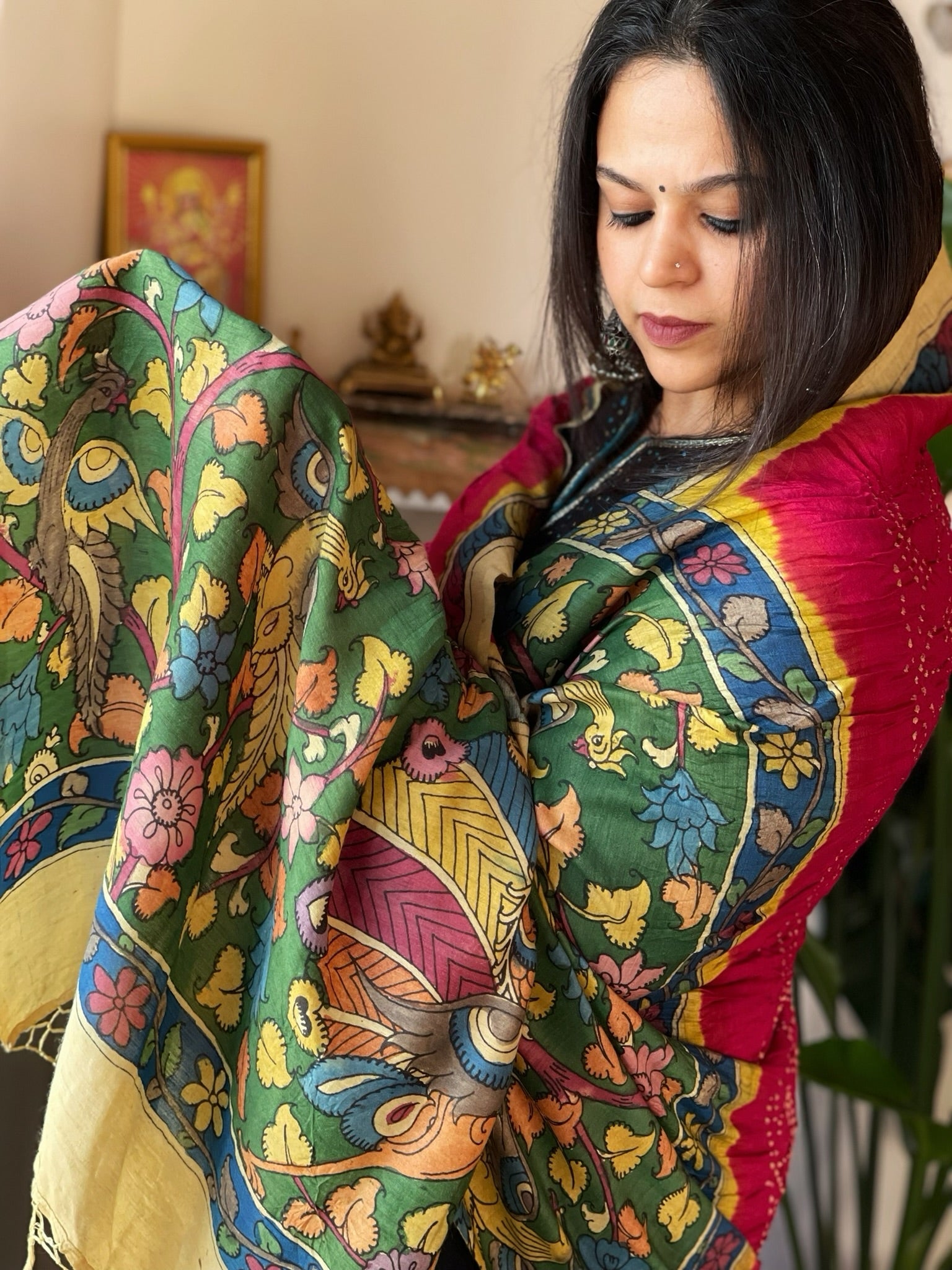 Pink Rai Bandhej Dupatta with Handpainted Kalamkari Pallu in Pure Muga Silk - Masakalee