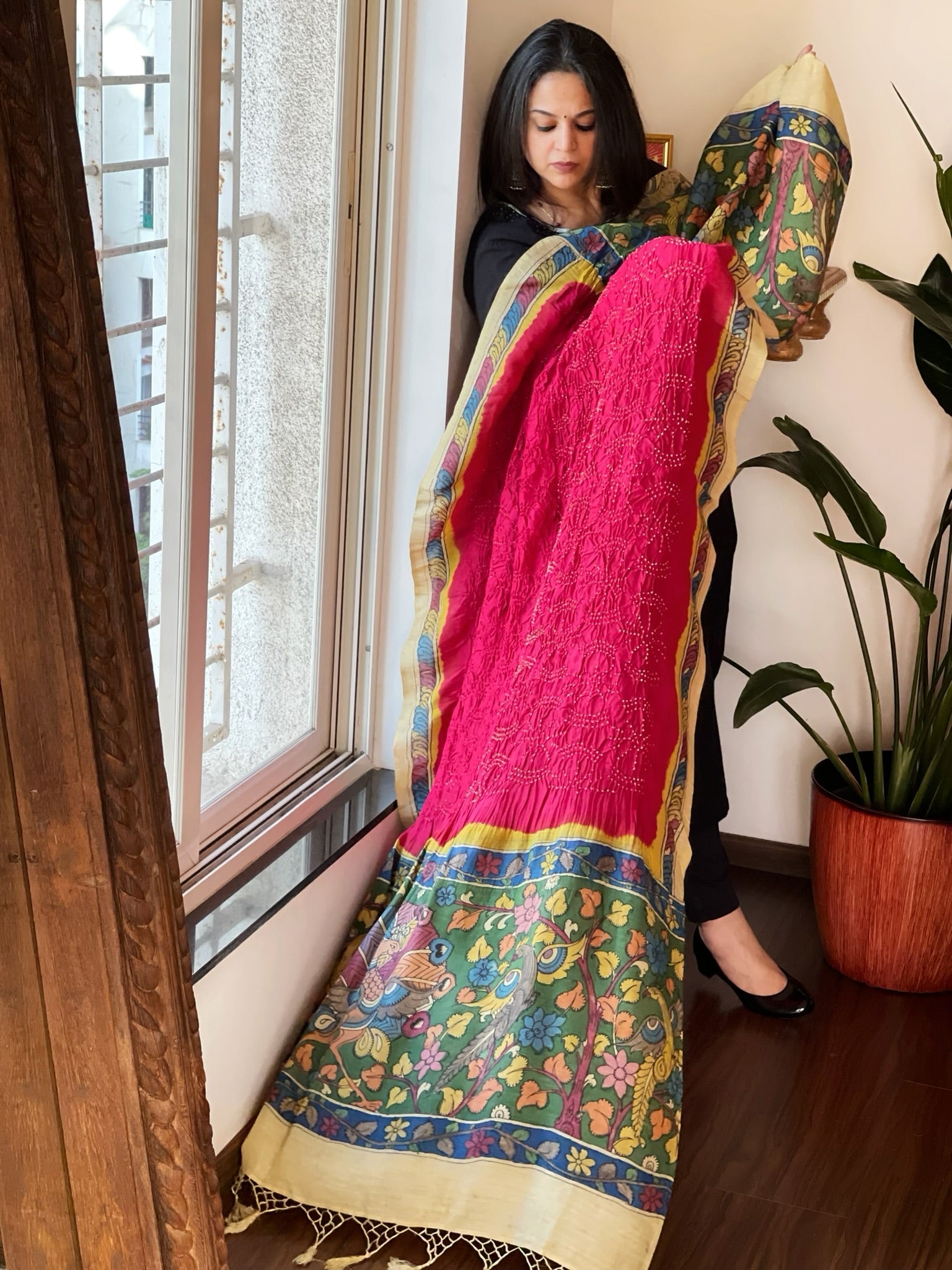Pink Rai Bandhej Dupatta with Handpainted Kalamkari Pallu in Pure Muga Silk - Masakalee