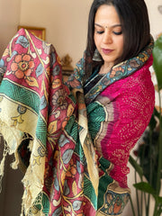 Pink Rai Bandhej Dupatta with Handpainted Kalamkari Pallu in Pure Muga Silk - Masakalee