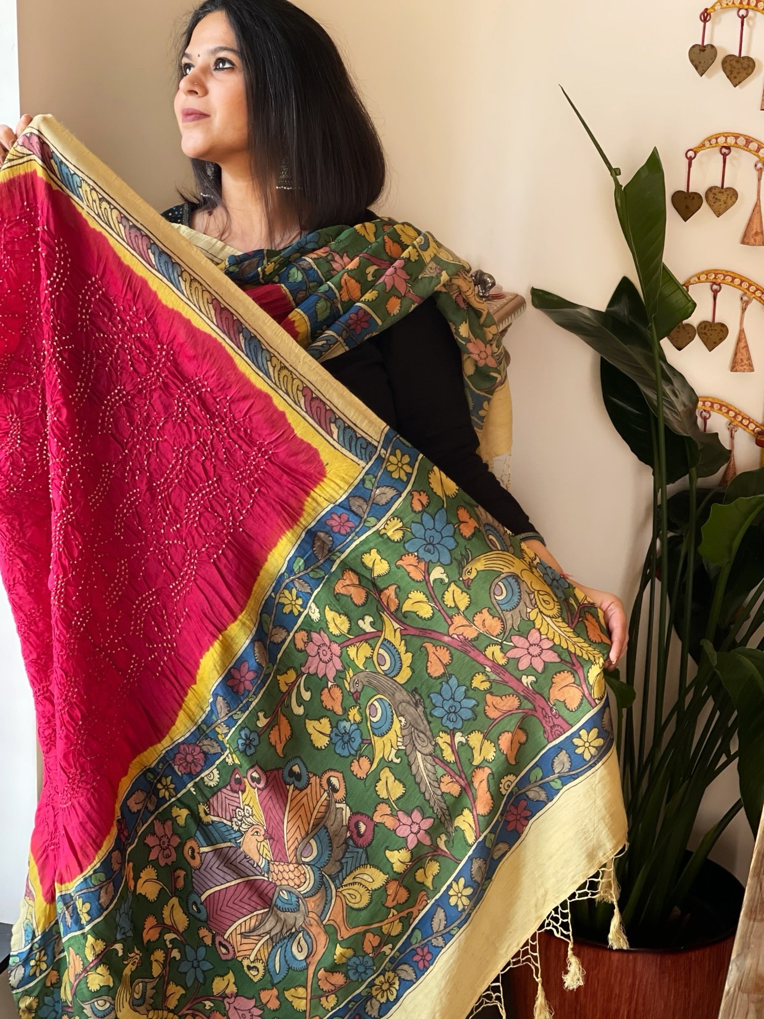 Pink Rai Bandhej Dupatta with Handpainted Kalamkari Pallu in Pure Muga Silk - Masakalee