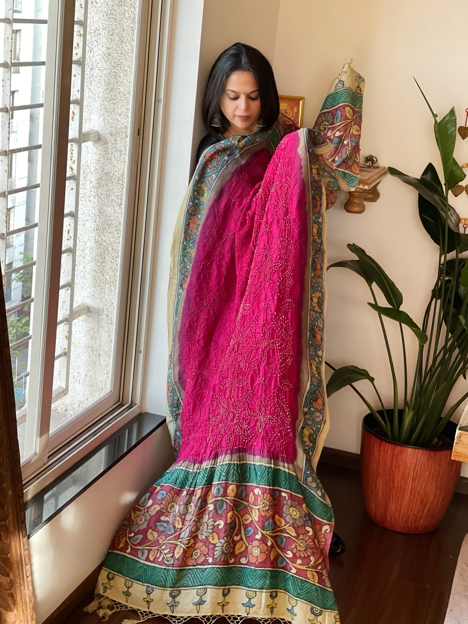 Pink Rai Bandhej Dupatta with Handpainted Kalamkari Pallu in Pure Muga Silk - Masakalee