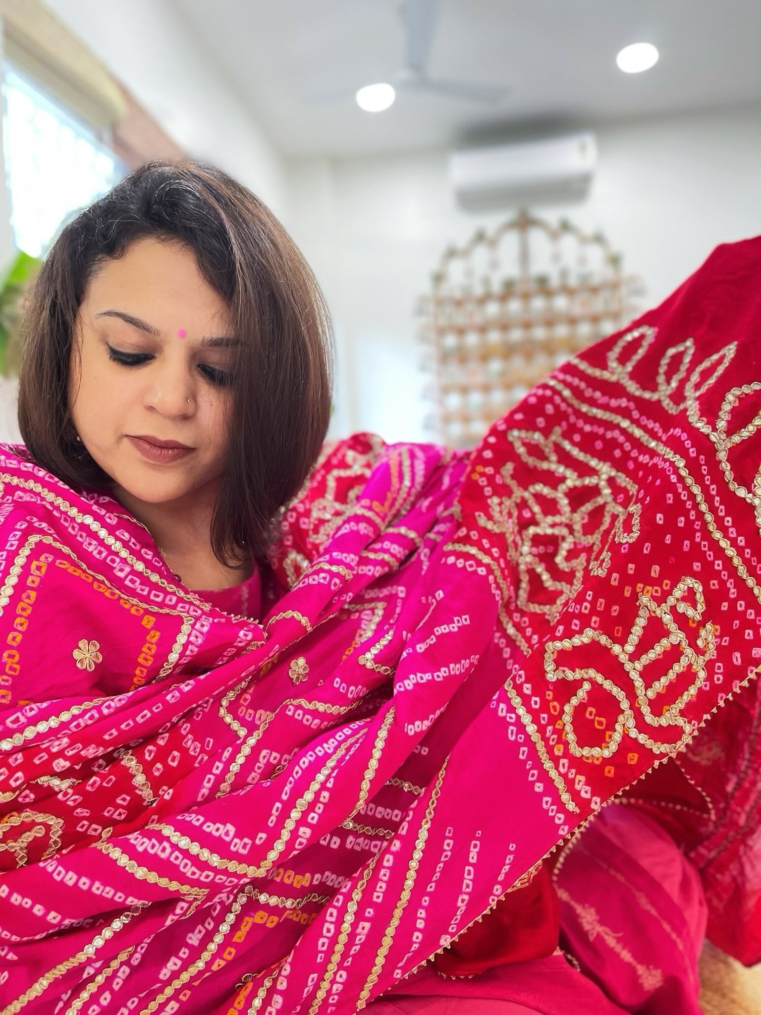 Pink, Red Bandhani Dupatta with Gotapatti Handwork in Pure Silk - Masakalee