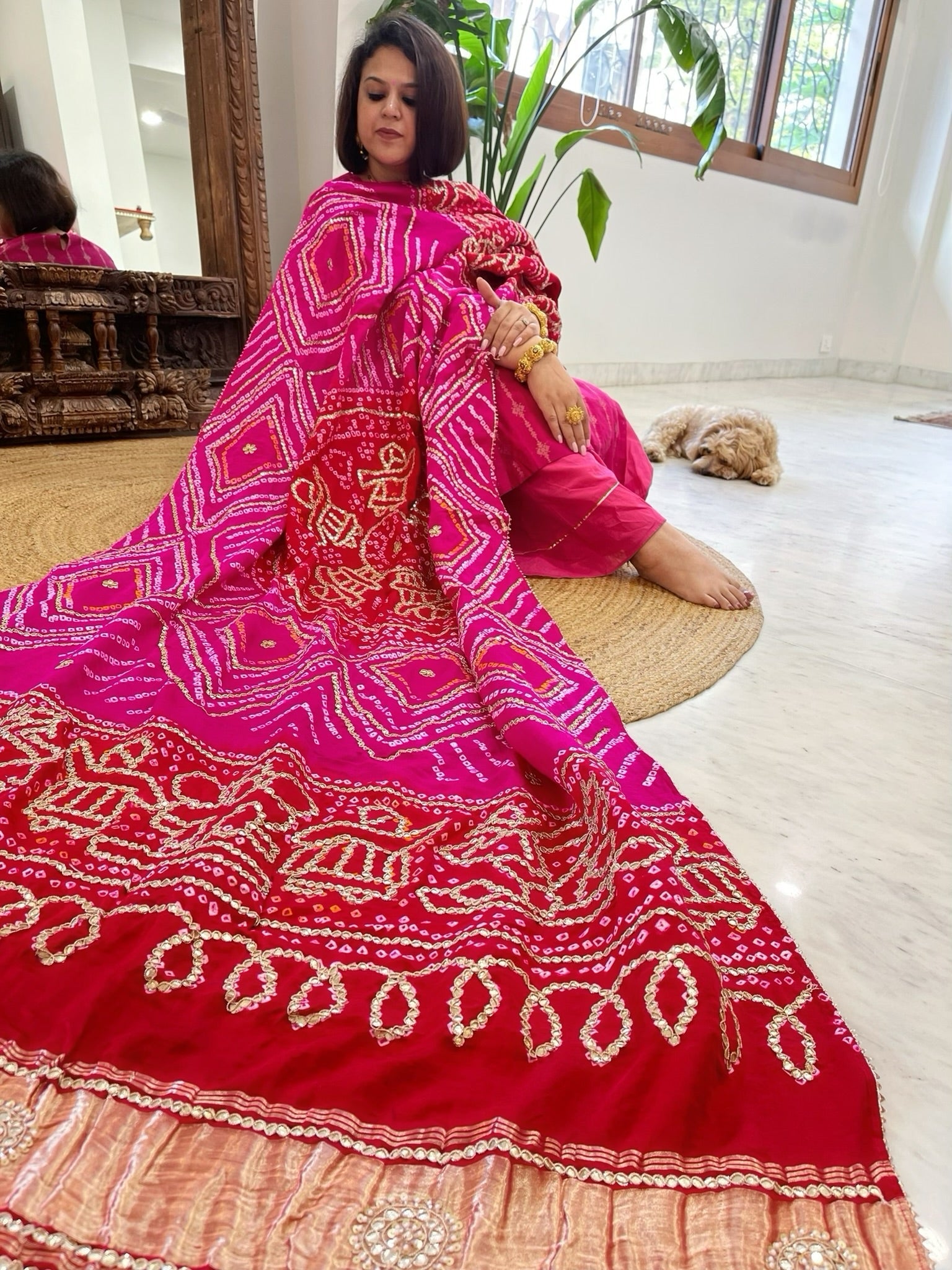 Pink, Red Bandhani Dupatta with Gotapatti Handwork in Pure Silk - Masakalee