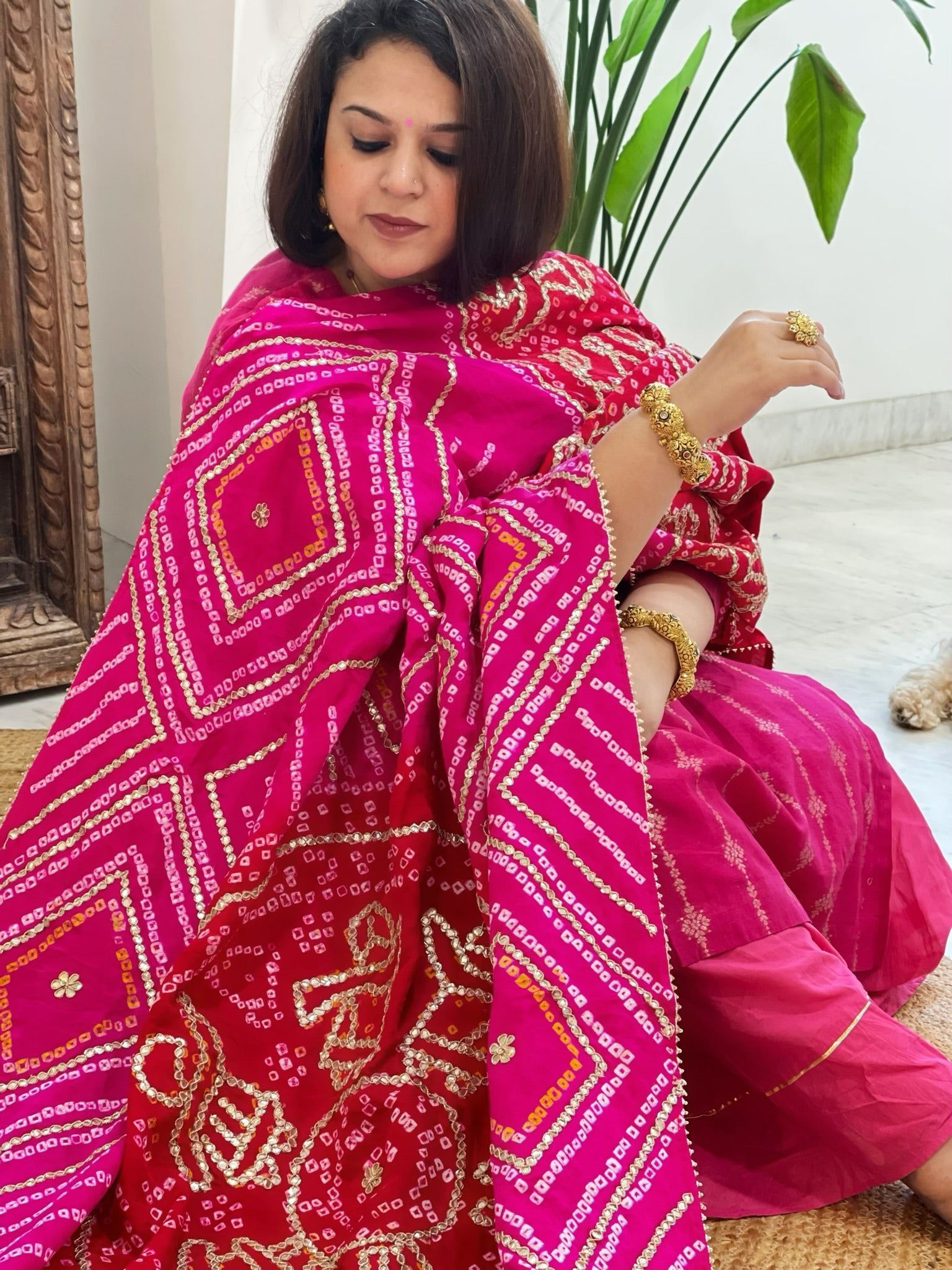 Pink, Red Bandhani Dupatta with Gotapatti Handwork in Pure Silk - Masakalee