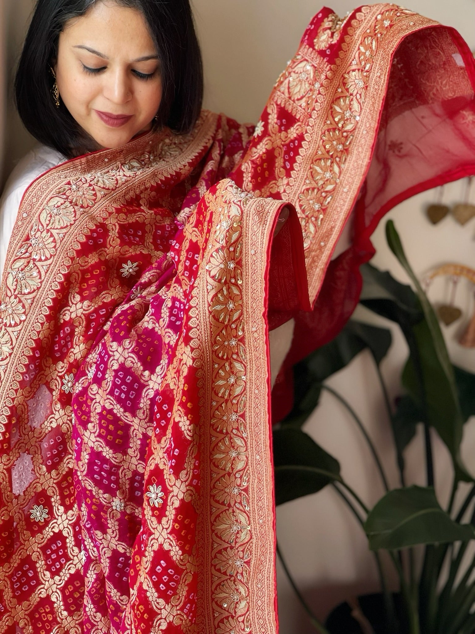 Pink, Red Handwoven NeemZari Bareek Bandhani with Dabka Handwork in Pure Georgette - Masakalee