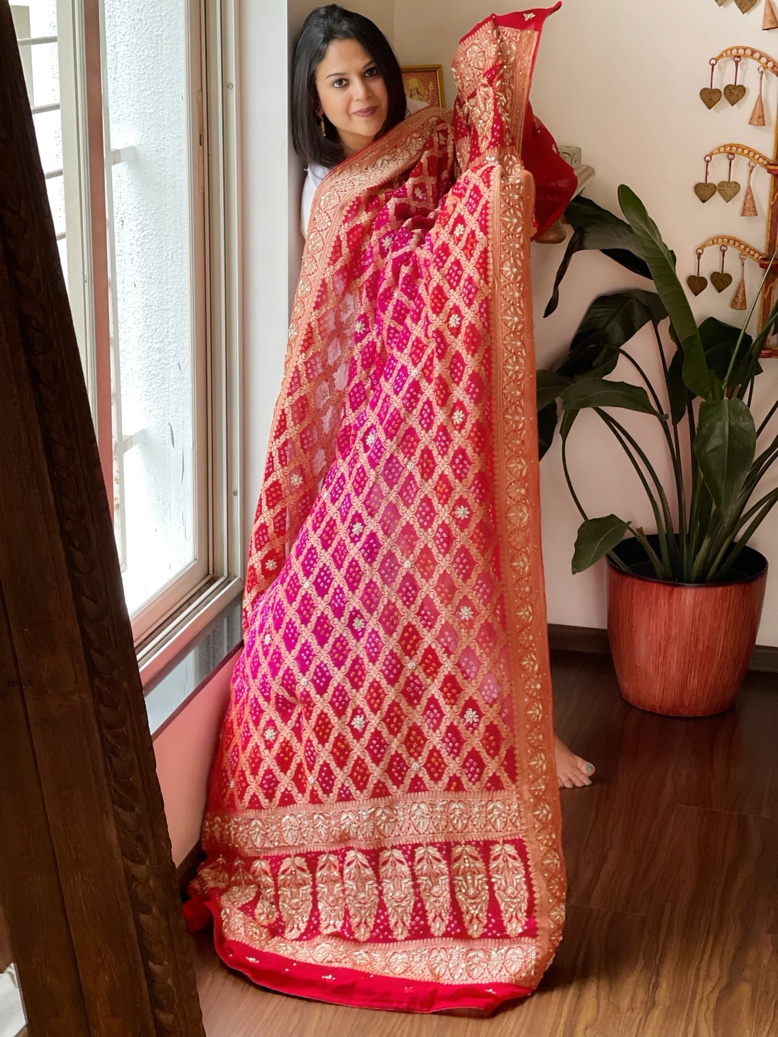 Pink, Red Handwoven NeemZari Bareek Bandhani with Dabka Handwork in Pure Georgette - Masakalee