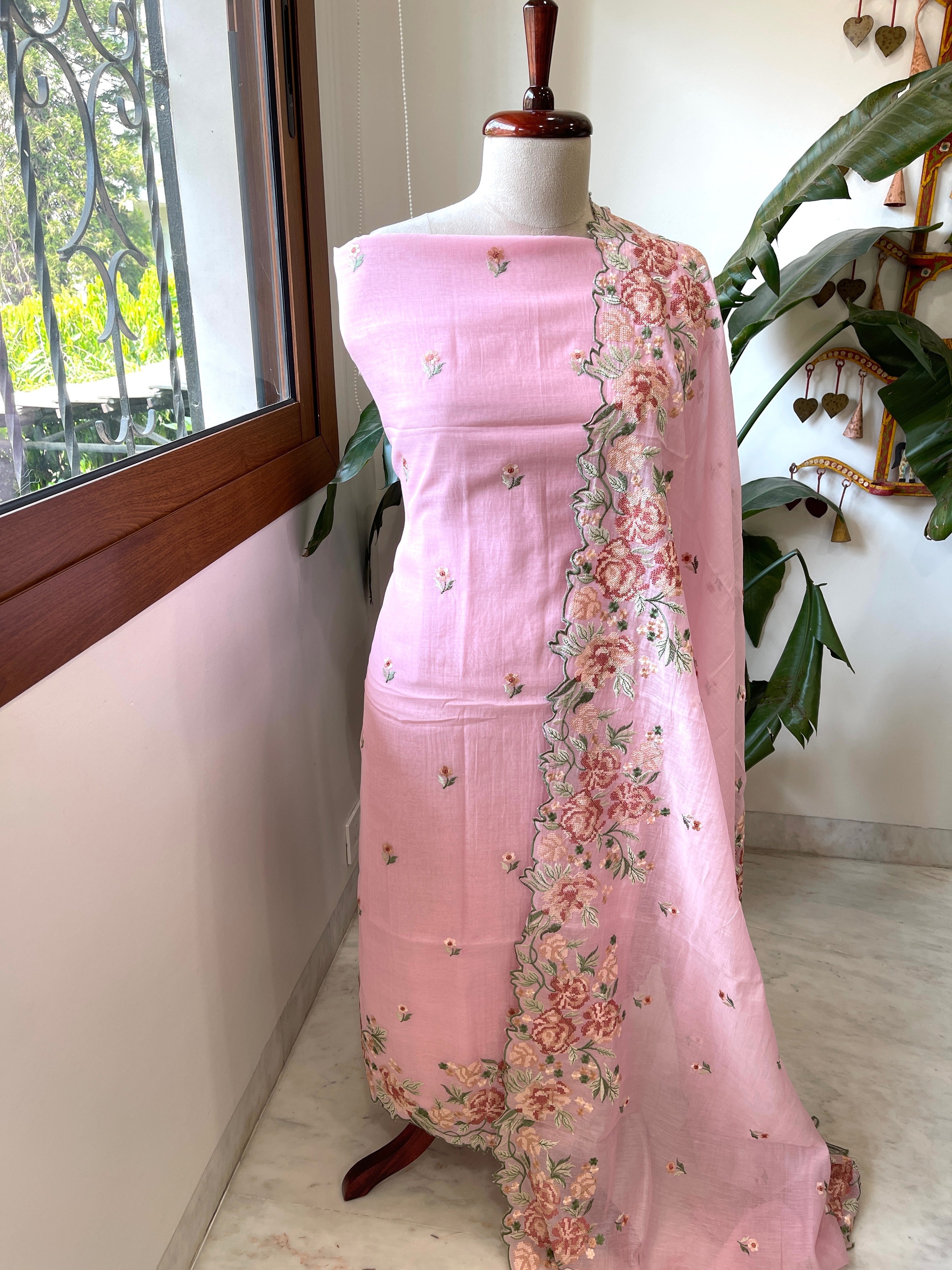 Pink Suit Set with Cross - Stitch Embroidery in Pure Mul Chanderi - Masakalee