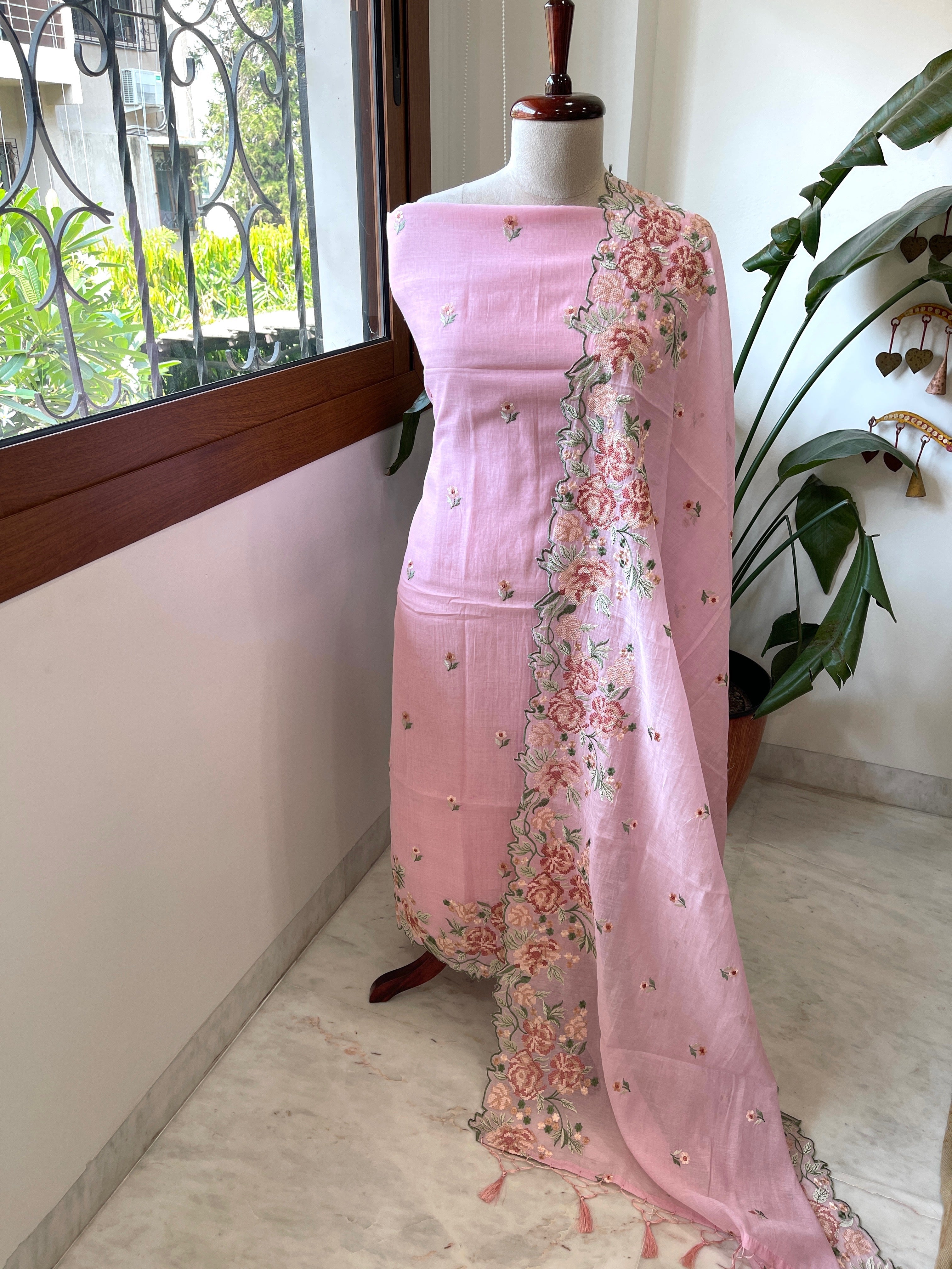 Pink Suit Set with Cross - Stitch Embroidery in Pure Mul Chanderi - Masakalee