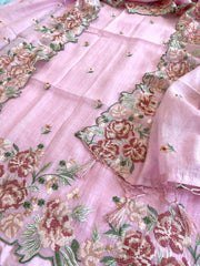 Pink Suit Set with Cross - Stitch Embroidery in Pure Mul Chanderi - Masakalee