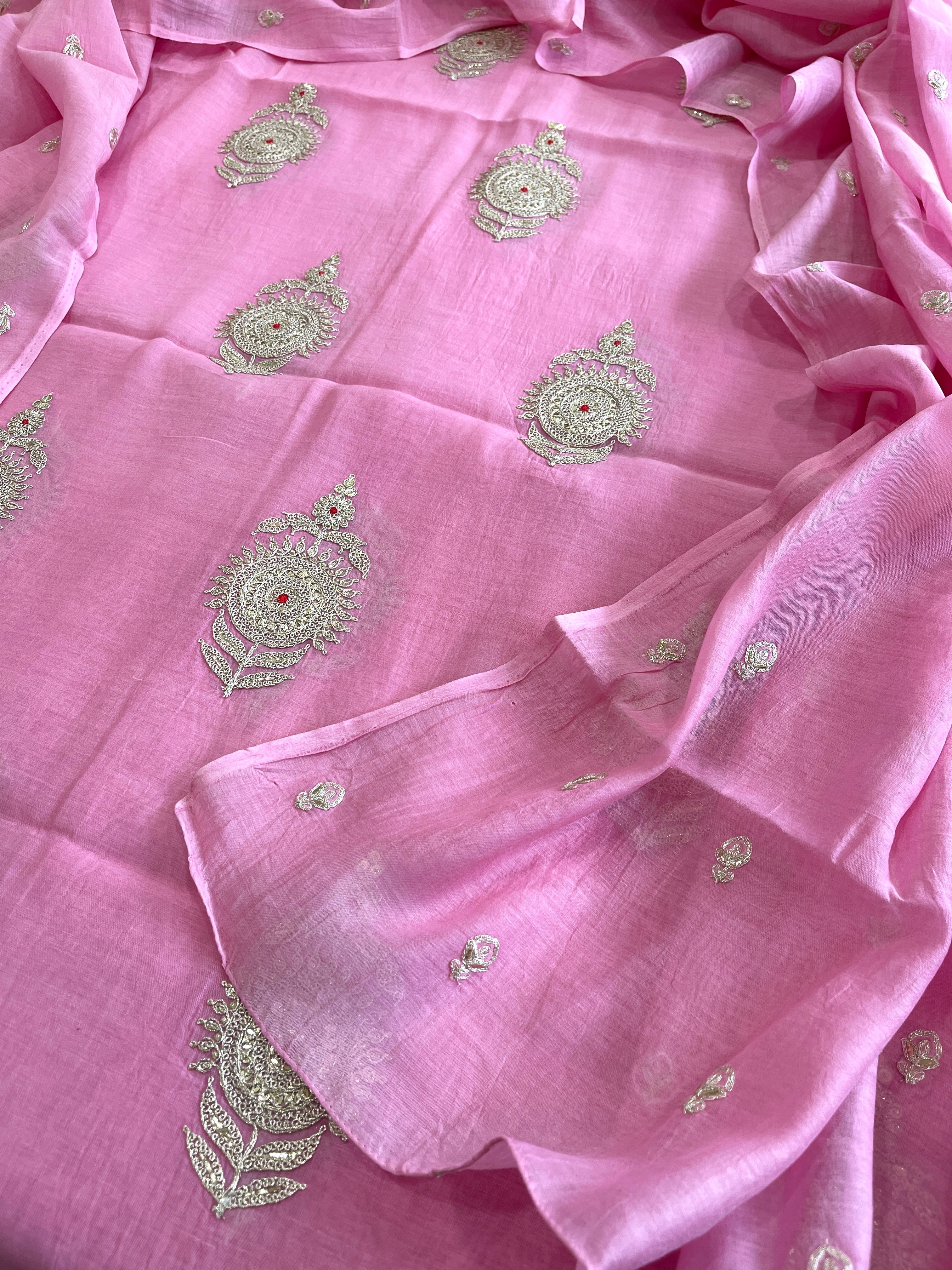 Pink Suit Set with Gold Thread & Sequin Work in Pure Mul - Masakalee