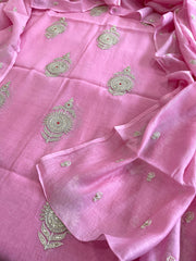 Pink Suit Set with Gold Thread & Sequin Work in Pure Mul - Masakalee