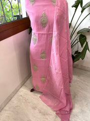 Pink Suit Set with Gold Thread & Sequin Work in Pure Mul - Masakalee