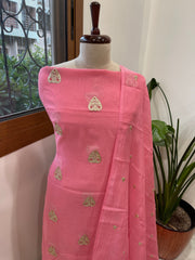 Pink Suit Set with Gold Thread & Sequin Work in Pure Mul - Masakalee