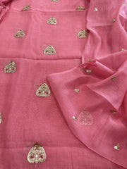 Pink Suit Set with Gold Thread & Sequin Work in Pure Mul - Masakalee