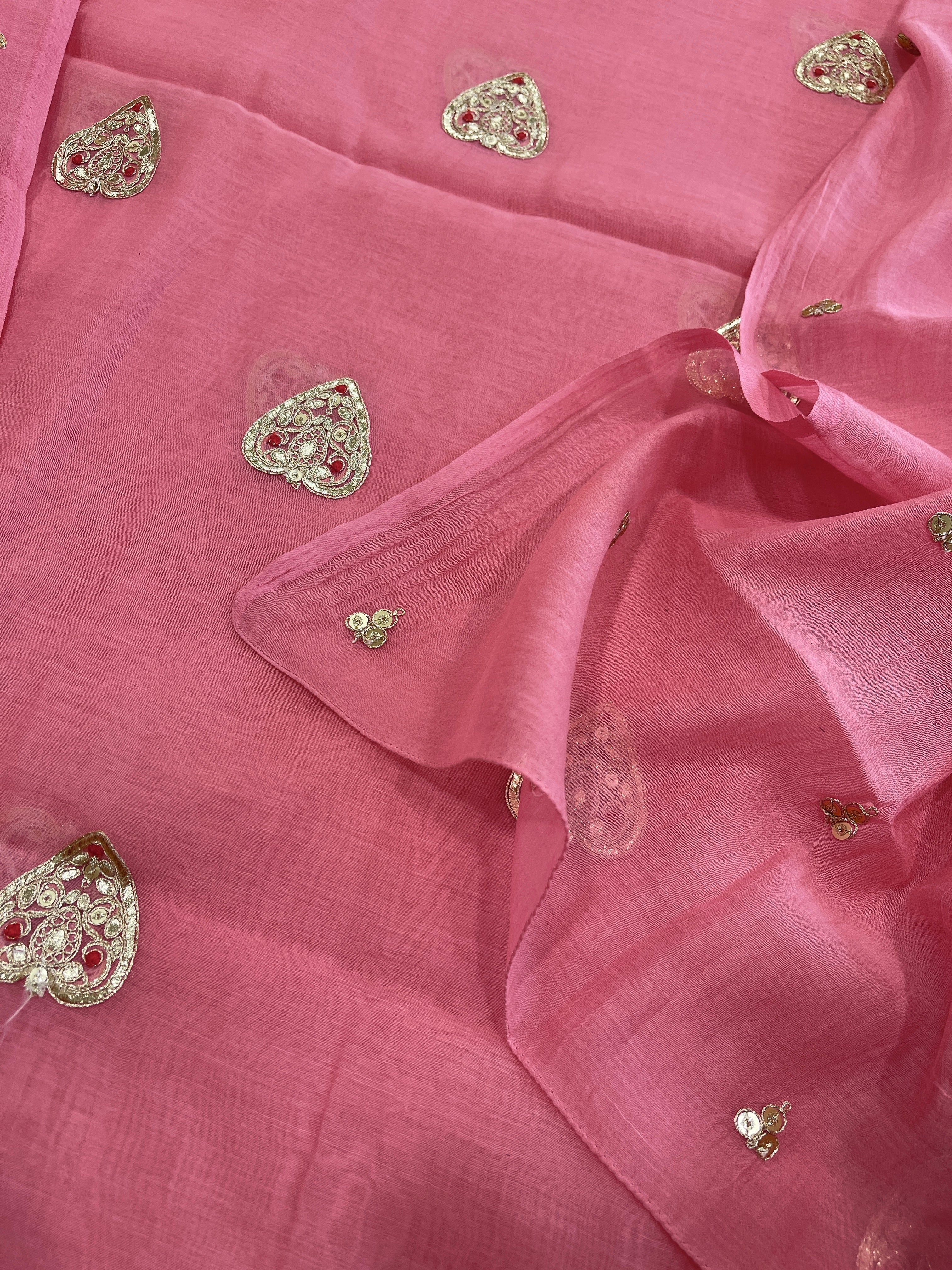 Pink Suit Set with Gold Thread & Sequin Work in Pure Mul - Masakalee