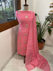 Pink Suit Set with Gold Thread & Sequin Work in Pure Mul - Masakalee