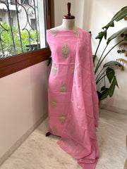 Pink Suit Set with Gold Thread & Sequin Work in Pure Mul - Masakalee