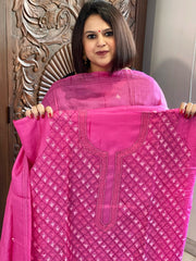 Pink Suit Set with Hand Embroidery in Pure Tussar Silk - Masakalee
