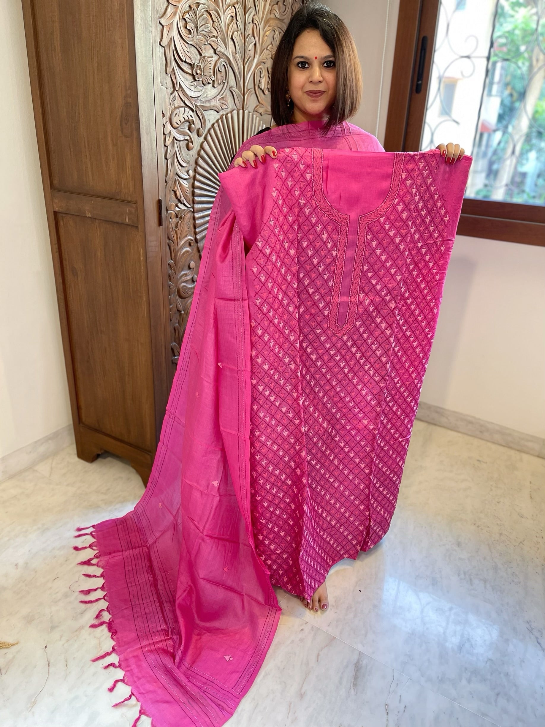 Pink Suit Set with Hand Embroidery in Pure Tussar Silk - Masakalee