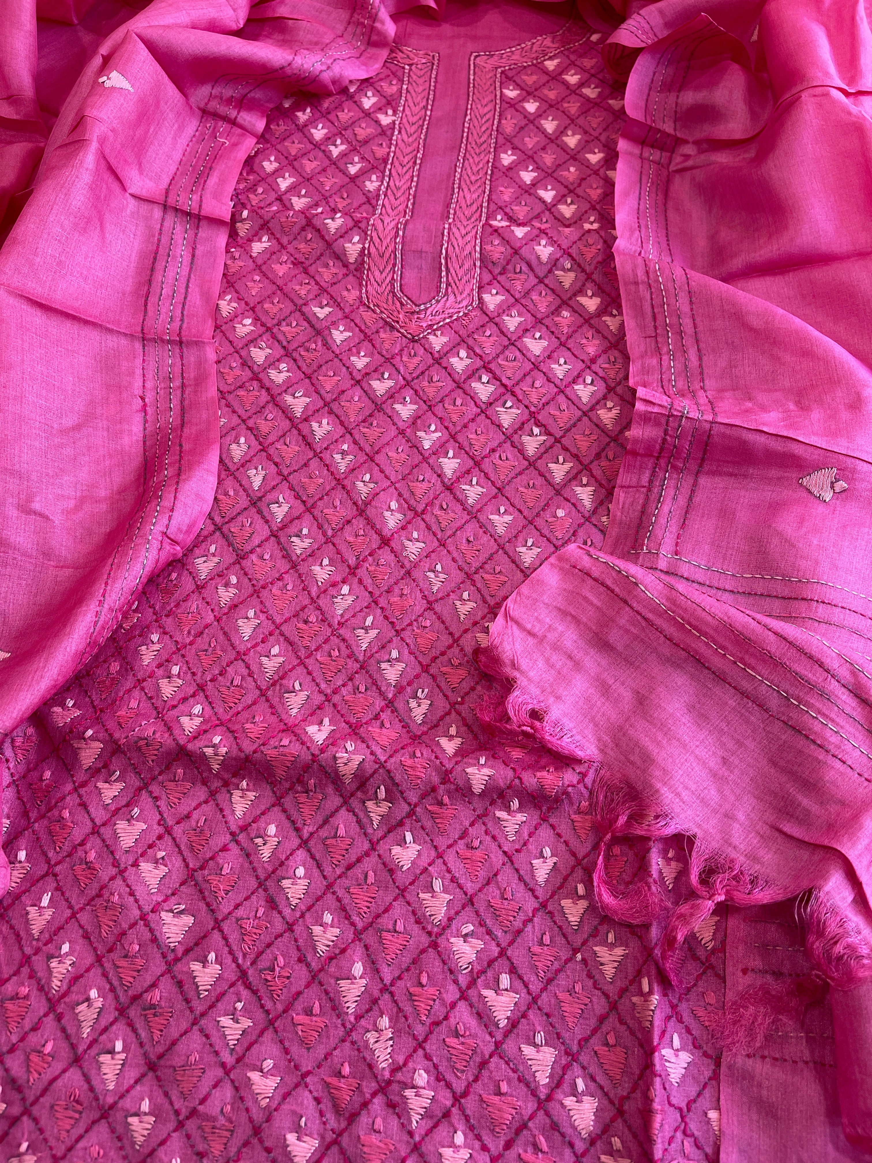 Pink Suit Set with Hand Embroidery in Pure Tussar Silk - Masakalee