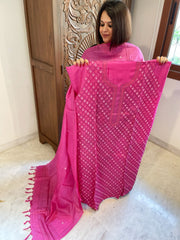 Pink Suit Set with Hand Embroidery in Pure Tussar Silk - Masakalee