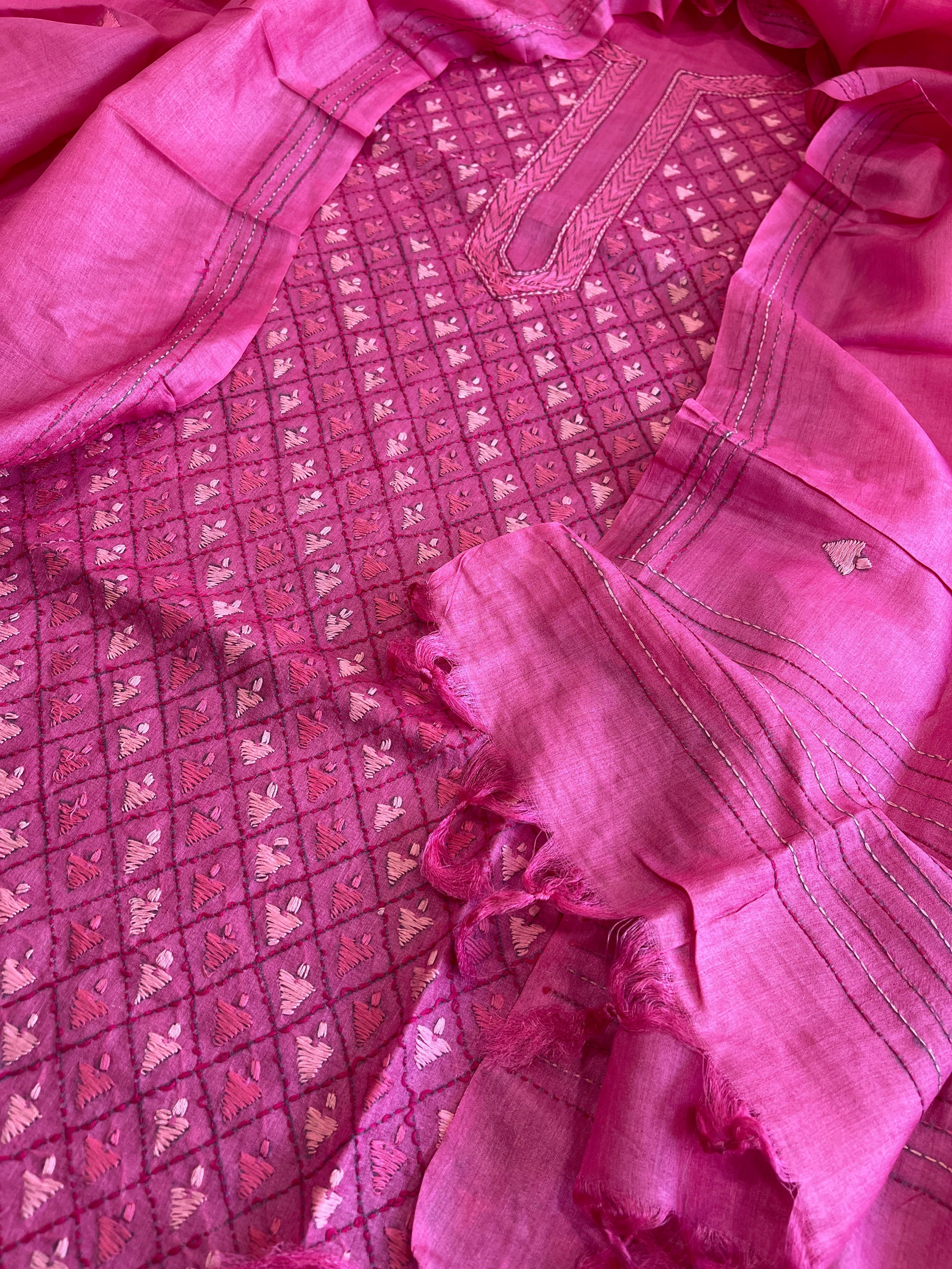Pink Suit Set with Hand Embroidery in Pure Tussar Silk - Masakalee