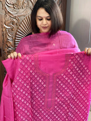 Pink Suit Set with Hand Embroidery in Pure Tussar Silk - Masakalee
