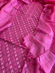 Pink Suit Set with Hand Embroidery in Pure Tussar Silk - Masakalee