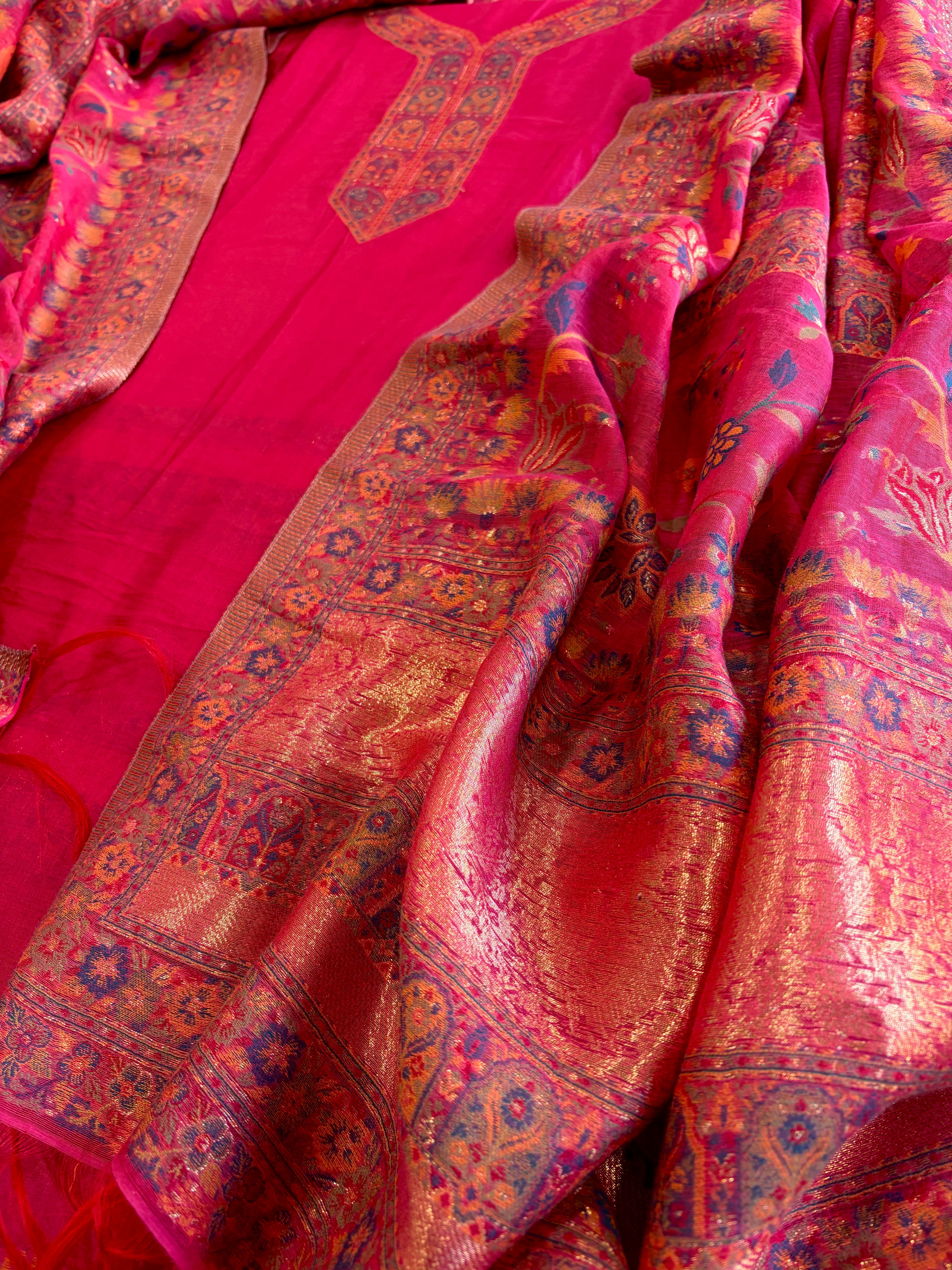 Pink Suit Set with Handwoven Kaani and Zari in Pure Silk - Masakalee