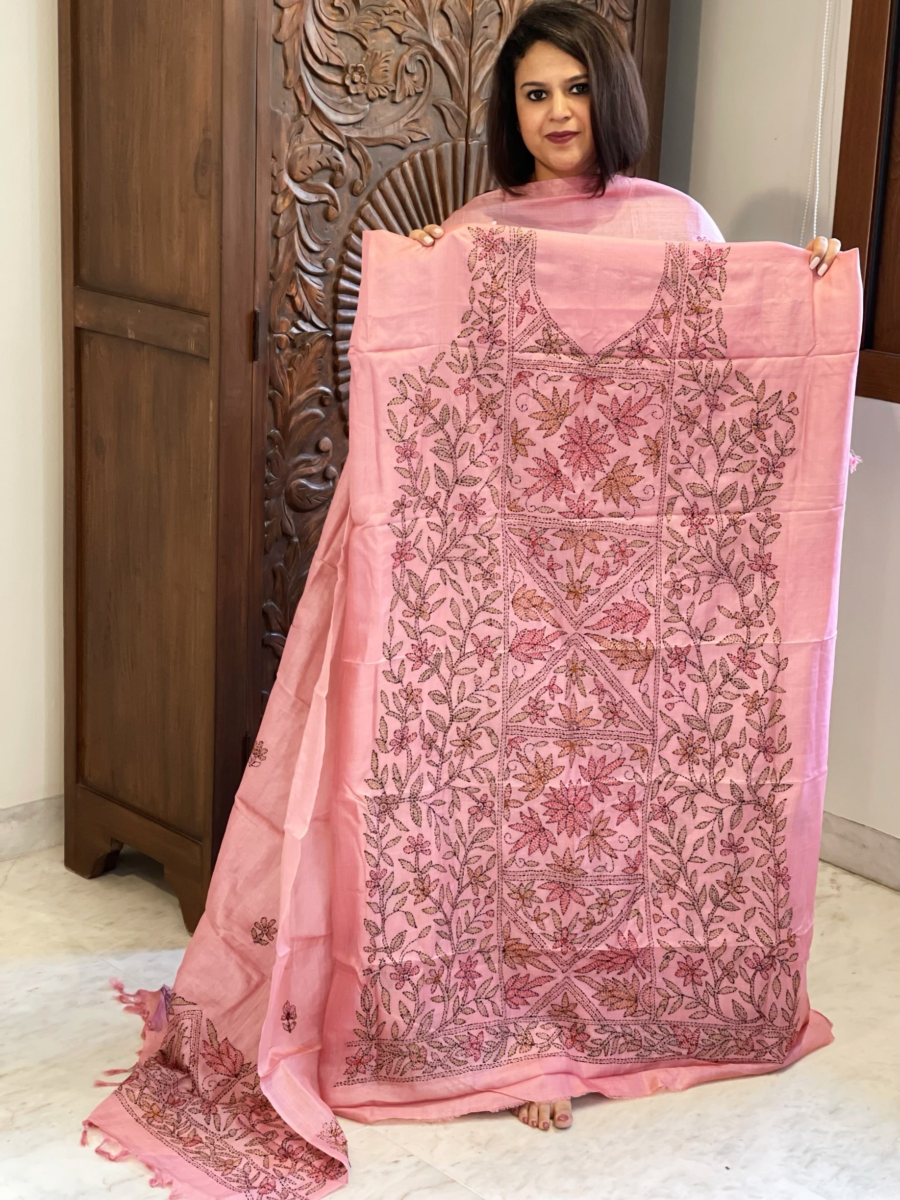 Pink Suit Set with Kantha Handwork in Pure Tussar Silk - Masakalee