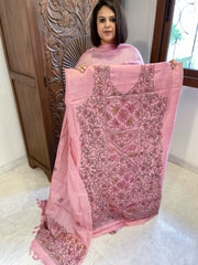 Pink Suit Set with Kantha Handwork in Pure Tussar Silk - Masakalee