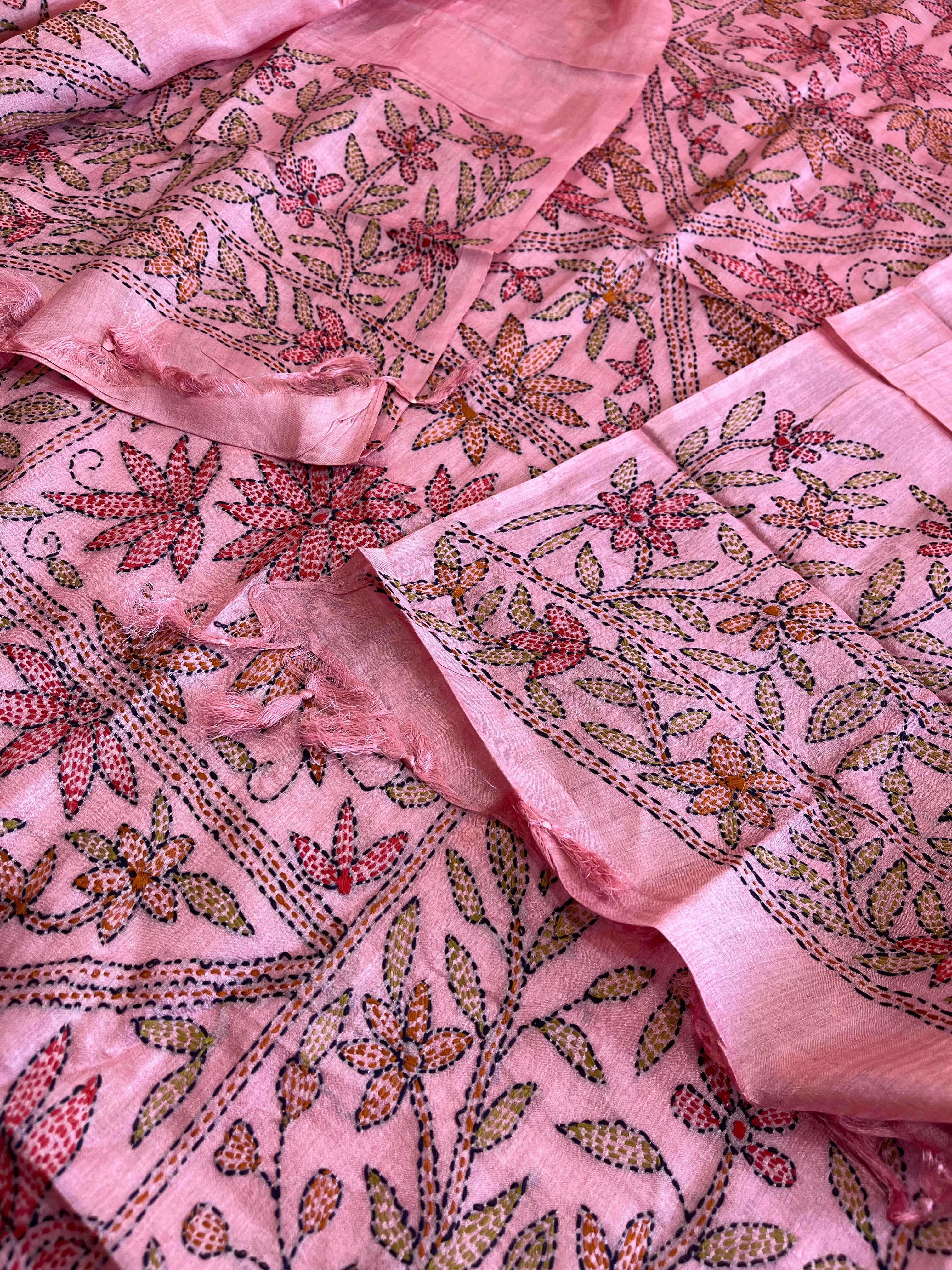 Pink Suit Set with Kantha Handwork in Pure Tussar Silk - Masakalee