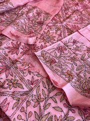 Pink Suit Set with Kantha Handwork in Pure Tussar Silk - Masakalee