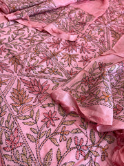 Pink Suit Set with Kantha Handwork in Pure Tussar Silk - Masakalee