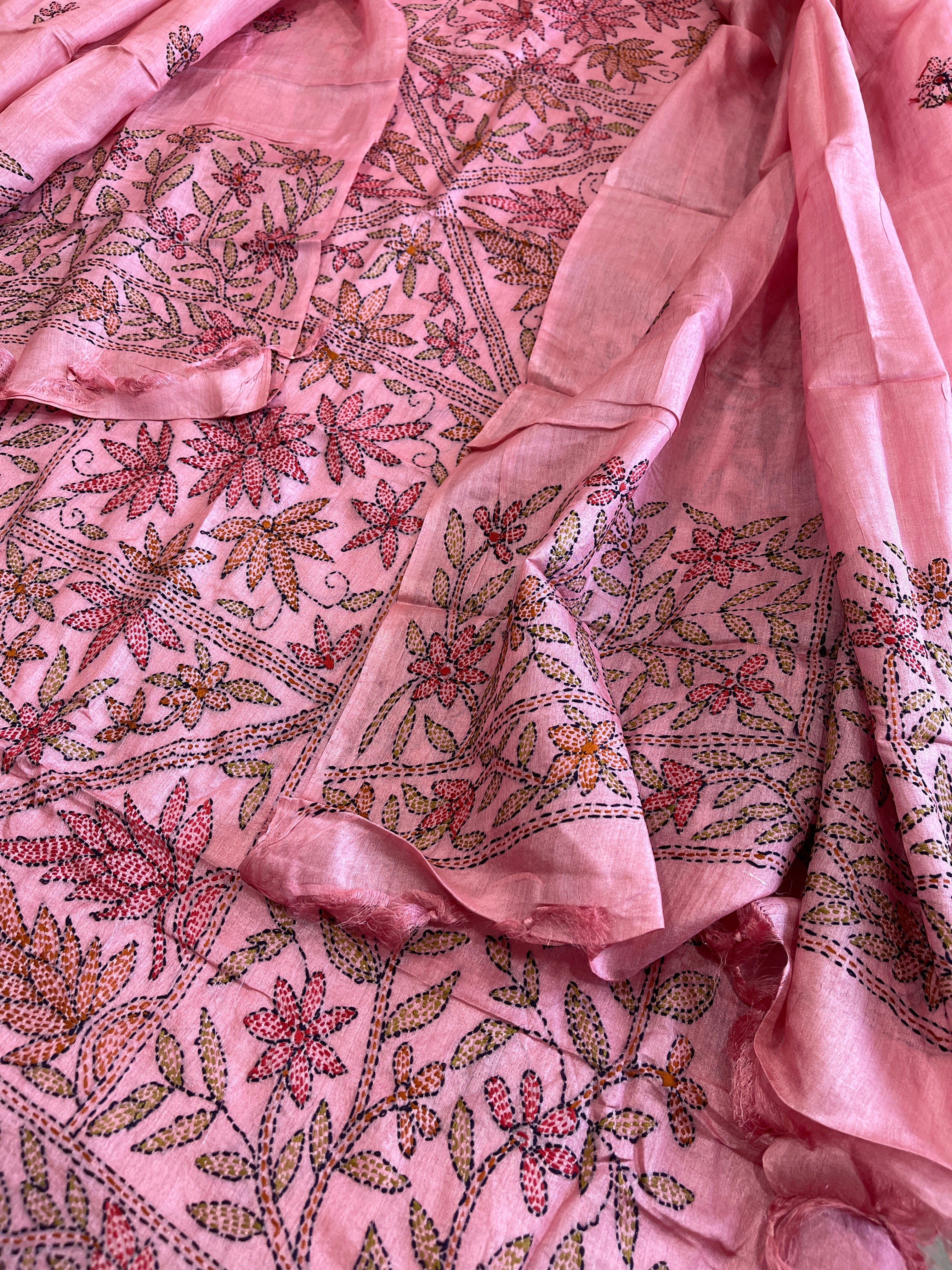 Pink Suit Set with Kantha Handwork in Pure Tussar Silk - Masakalee