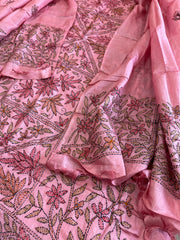 Pink Suit Set with Kantha Handwork in Pure Tussar Silk - Masakalee