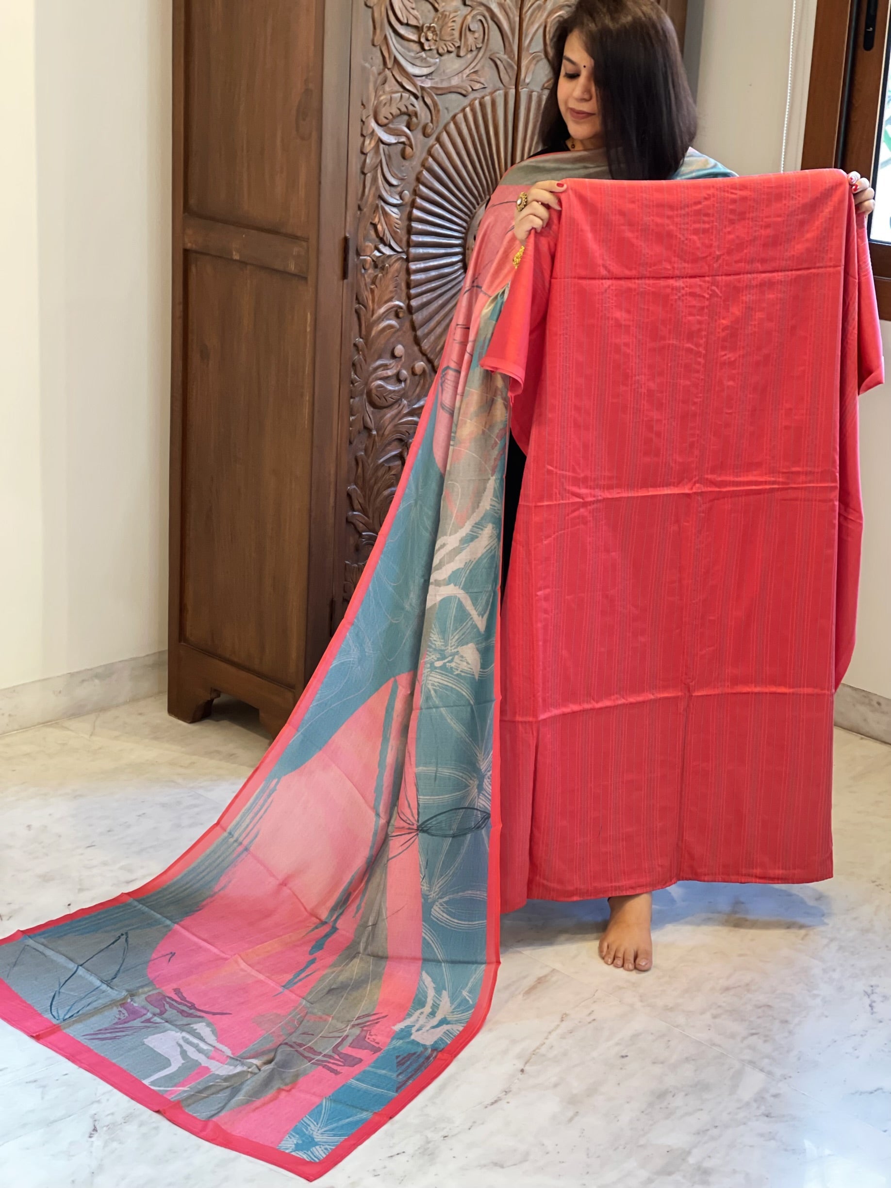 Pink Suit Set with Kantha Stitch Work on Glazed Cotton - Masakalee