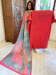 Pink Suit Set with Kantha Stitch Work on Glazed Cotton - Masakalee