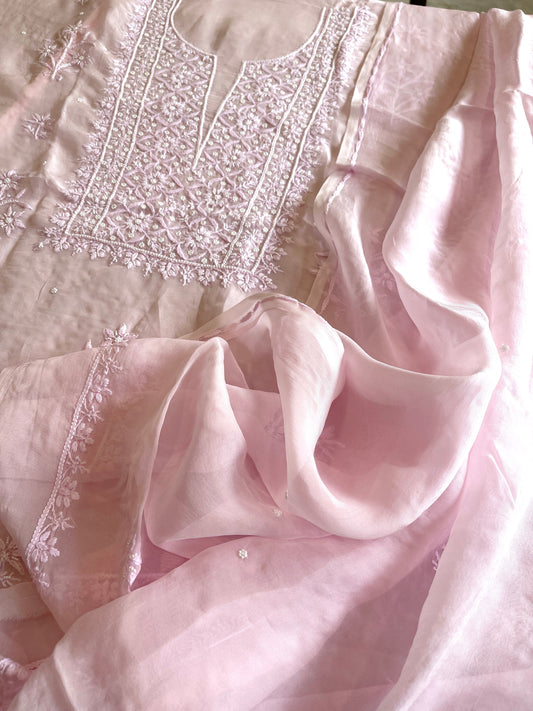Pink Suit Set with Lucknowi and Pearl Handwork in Organza Crepe - Masakalee