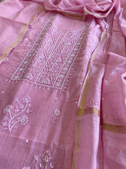 Pink Suit Set with Lucknowi Handwork in Pure Mul Chanderi - Masakalee