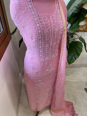 Pink Suit Set with Lucknowi Handwork in Pure Mul Chanderi - Masakalee
