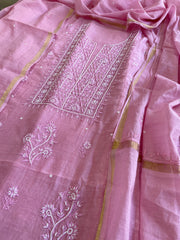 Pink Suit Set with Lucknowi Handwork in Pure Mul Chanderi - Masakalee